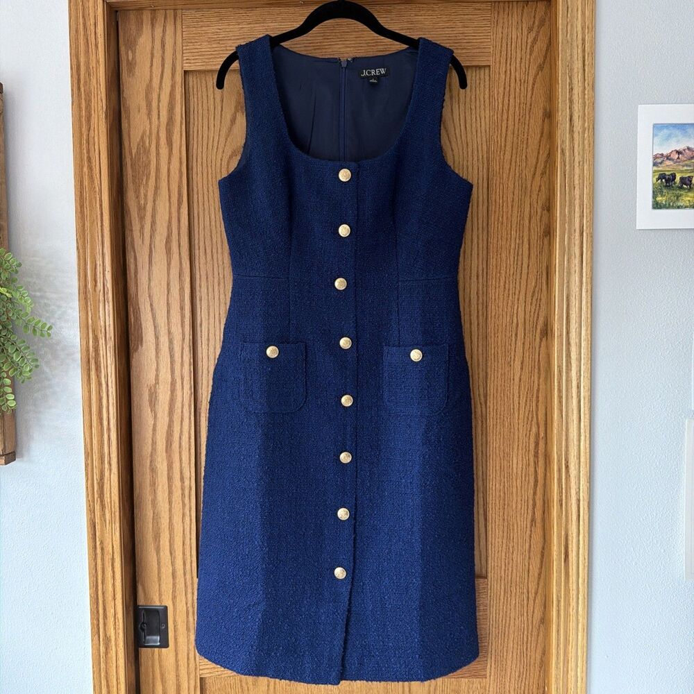 J Crew Sophia Tweed Midi Dress 8 Dark Evening Navy Wool Gold Buttons BY798